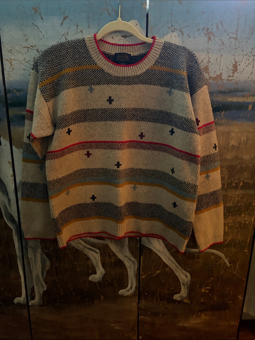 Pendleton Free People Beige Crewneck Sweater with Red Trim and Multi-Stripes - Picture 5 of 8